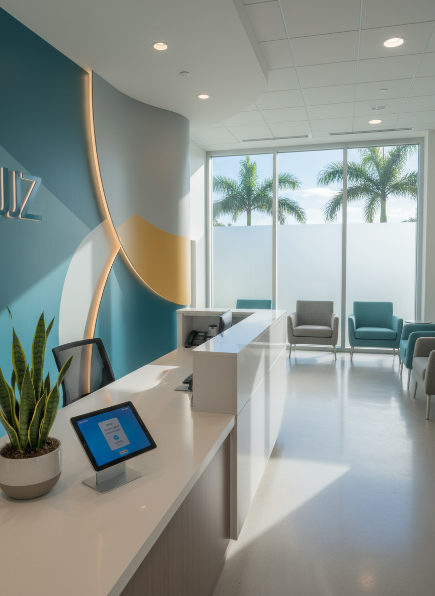 A spacious, modern medical reception desk in a bright clinic lobby, with a sleek white surface, neatly arranged digital check-in tablet, and a small potted plant with glossy green leaves. Comfortable teal and gray armchairs line the sides of the room, and a subtle JJZ-branded color palette is suggested through abstract wall art without any readable text. Large windows reveal sunlit palm trees outside, hinting at a South Florida setting. Soft mid-morning natural light fills the room, creating gentle reflections on the polished floor. Photographic realism, eye-level composition, and sharp focus throughout convey a professional, calm, and welcoming atmosphere suitable for a telehealth-focused medical center.