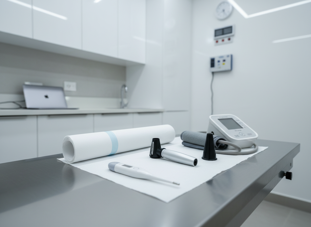 A close-up of a stainless steel medical examination table in a spotless primary care room, topped with a neatly rolled disposable paper cover and a precisely arranged set of instruments.