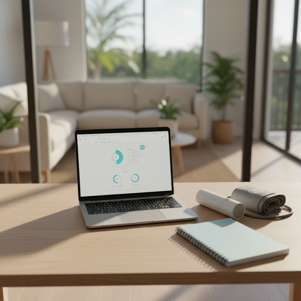 A minimalist home telehealth setup on a clean, light wood desk, featuring an open silver laptop displaying a blurred, generic medical interface with charts and icons that are not legible. Beside it sit a wireless stethoscope-like device and a sleek blood pressure cuff, both in white and soft gray tones, resting on a neatly folded notebook. A large window in the background lets in diffused daylight, softly illuminating the scene and casting faint shadows. The background shows an out-of-focus, tidy living room, suggesting comfort and privacy. Photographic realism, shot from a slightly elevated angle with shallow depth of field, creates a calm, secure, HIPAA-compliant feel for remote care in Cutler Bay.