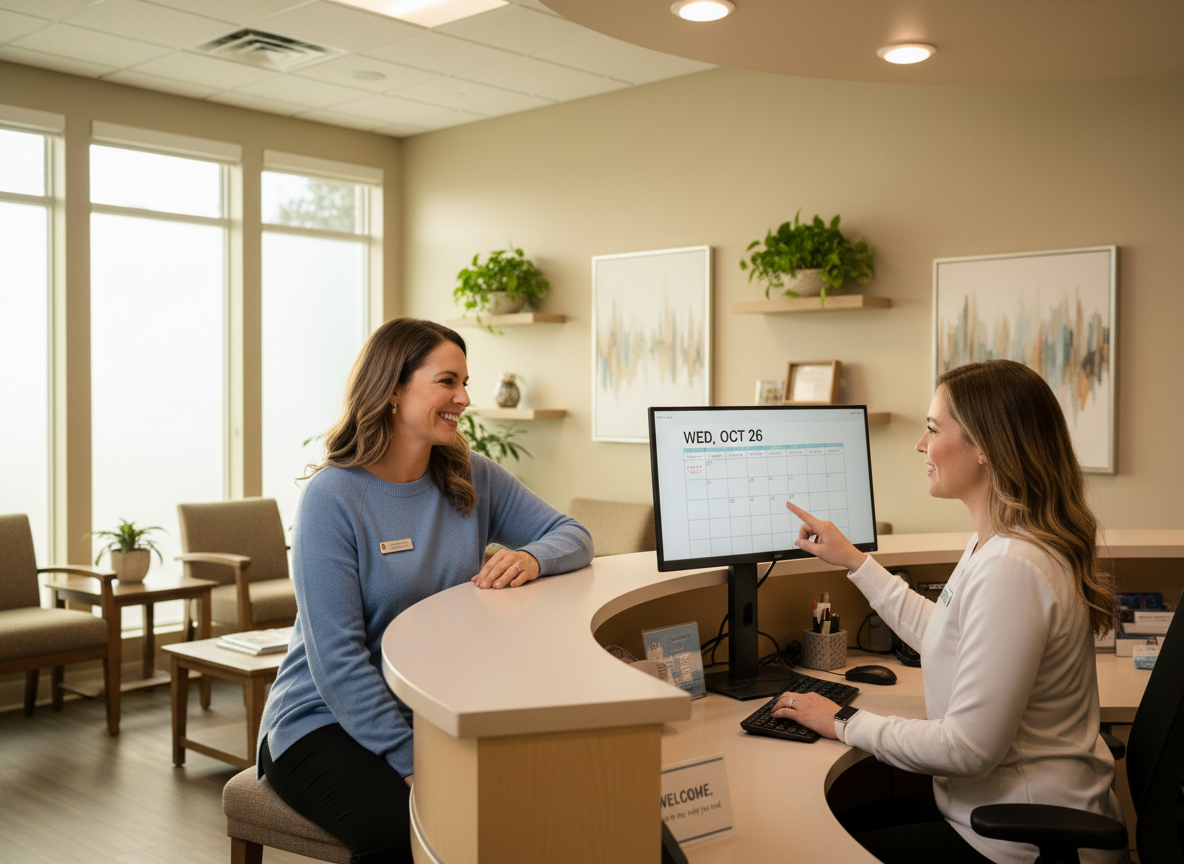 A friendly patient sitting at a medical reception desk making an appointment with a receptionist, warm and welcoming medical office setting, professional and clean environment, natural lighting